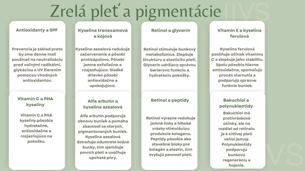 Objavte účinnú starostlivosť o zrelú pleť so sklonom k pigmentáciám vďaka premyslenej kombinácii aktívnych látok. Spojenie antioxidantov a SPF pomáha chrániť pokožku pred voľnými radikálmi, UV žiarením a predčasným starnutím. Kyselina tranexamová, azelaová a alfa arbutín cielene redukujú hyperpigmentácie, zjednocujú tón pleti a pôsobia protizápalovo.
Retinol v kombinácii s glycerínom a peptidmi podporuje obnovu buniek, zlepšuje elasticitu pokožky a viditeľne redukuje jemné linky aj hlboké vrásky. Hydratáciu a ochranu kožnej bariéry zabezpečujú PHA kyseliny spolu s vitamínom C, ktorý zároveň rozjasňuje pleť a podporuje tvorbu kolagénu.
Synergické pôsobenie vitamínu E a kyseliny ferulovej zosilňuje antioxidačnú ochranu a spomaľuje proces starnutia. Pre citlivejšiu pleť je ideálnou alternatívou bakuchiol, ktorý ponúka podobné účinky ako retinol, no s menším rizikom podráždenia. Polynukleotidy navyše podporujú regeneráciu a obnovu kožných buniek.
Táto komplexná kombinácia aktívnych látok predstavuje efektívne riešenie pre redukciu pigmentových škvŕn, zlepšenie štruktúry pleti a celkové omladenie pokožky. Doprajte svojej pleti cielenú starostlivosť, ktorá prináša viditeľné výsledky.